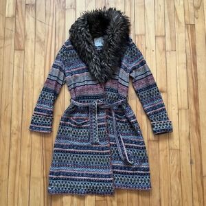 Anthropologie Angel of the North Bohemian Faux Fur Collar Cardigan Robe Coat Med